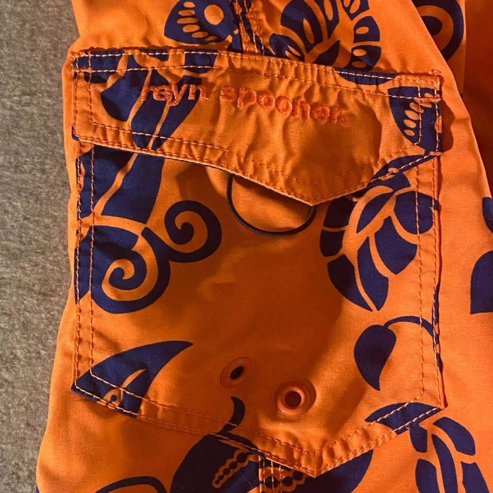 Reyn Spooner Mens Swim Trunks Orange Navy Floral Tropical Board Shorts Size 34